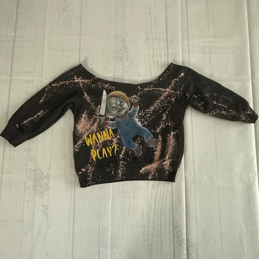 Custom SMALL SHOP Chucky Wanna Play Bleached Horror Sweater Kids Size 7/8